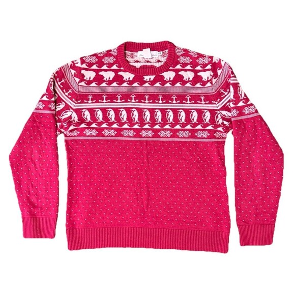 H&M L.O.G.G. Mens Red Penguin Holiday Long Sleeve Snow Ugly Christmas Sweater Lg - Picture 1 of 5